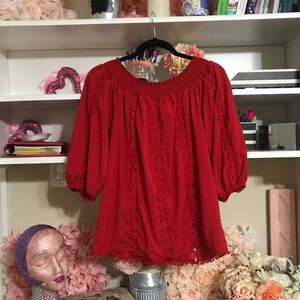 VIVID IMPORTERS OFF SHOULDER EMBROIDERED RED BLOUS